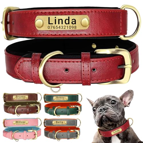 SEOUGEE Hundehalsband aus echtem Leder, personalisierbar und mit Leine, weich gepolstert, strapazierfähig, mit individuellem Namensschild für kleine, mittelgroße und große Hunde (L, Rot 35–45 cm) von SEOUGEE