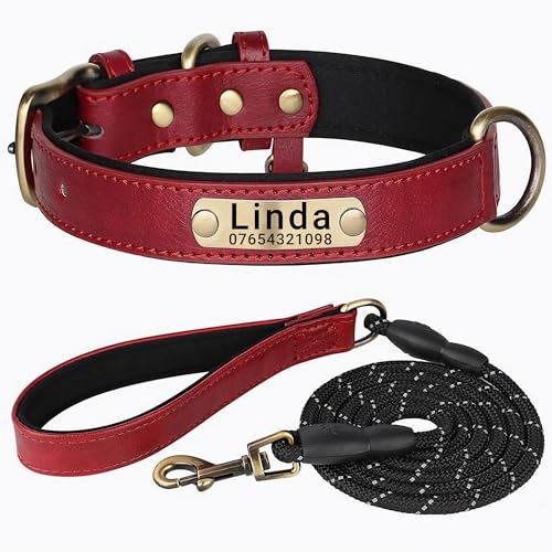 SEOUGEE Hundehalsband aus echtem Leder, personalisierbar und mit Leine, weich gepolstert, strapazierfähig, mit individuellem Namensschild für kleine, mittelgroße und große Hunde (XL, Rot, Set 42–55 von SEOUGEE