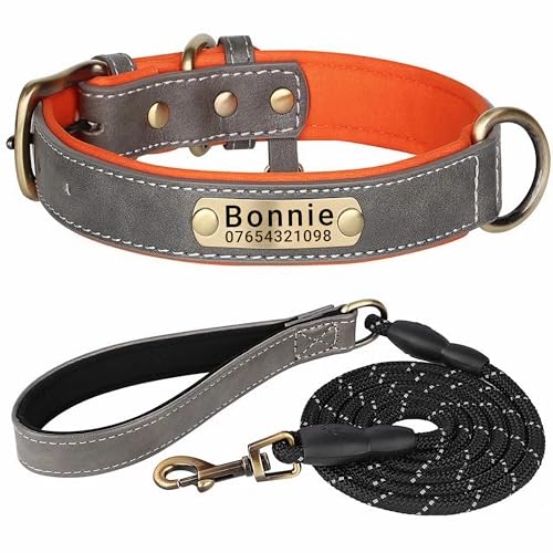 SEOUGEE Hundehalsband aus echtem Leder, personalisierbar und mit Leine, weich gepolstert, strapazierfähig, mit individuellem Namensschild für kleine, mittelgroße und große Hunde (XL, graues Set, 42–55 von SEOUGEE