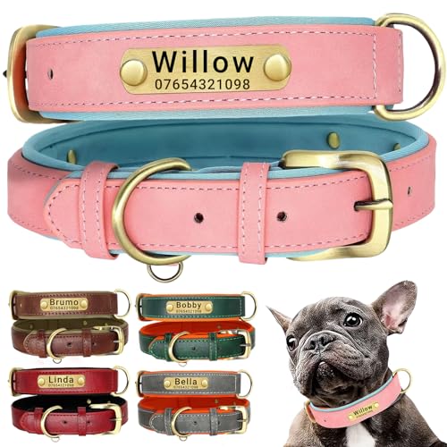 SEOUGEE Hundehalsband aus echtem Leder, personalisierbar, weich gepolstert, strapazierfähig, mit individuell graviertem Namensschild, verstellbar für kleine, mittelgroße und große Hunde (XS, Rosa, SEOUGEE Hundehalsband aus echtem Leder, personalisierbar, weich gepolstert, strapazierfähig, mit individuell graviertem Namensschild, verstellbar für kleine, mittelgroße und große Hunde (XS, Rosa, von SEOUGEE