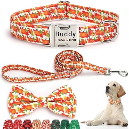 SEOUGEE Hundehalsband für Herbst, personalisierbar mit Fliege und Leine, verstellbar, Baumwolle, Thanksgiving, Halloween, Hundehalsband und Leine mit gravierter Metallschnalle für mittelgroße Hunde SEOUGEE Hundehalsband für Herbst, personalisierbar mit Fliege und Leine, verstellbar, Baumwolle, Thanksgiving, Halloween, Hundehalsband und Leine mit gravierter Metallschnalle für mittelgroße Hunde von SEOUGEE