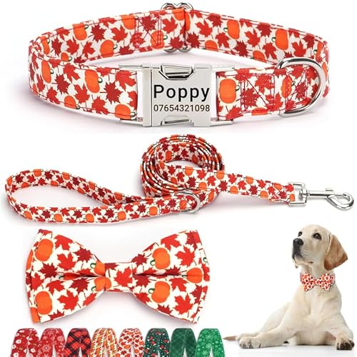 SEOUGEE Hundehalsband für Herbst, personalisierbar mit Fliege und Leine, verstellbar, Baumwolle, Thanksgiving, Halloween, Hundehalsband und Leine mit gravierter Metallschnalle für mittelgroße Hunde SEOUGEE Hundehalsband für Herbst, personalisierbar mit Fliege und Leine, verstellbar, Baumwolle, Thanksgiving, Halloween, Hundehalsband und Leine mit gravierter Metallschnalle für mittelgroße Hunde von SEOUGEE