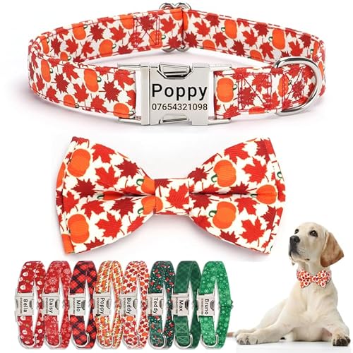SEOUGEE Hundehalsband für den Herbst, personalisierbar mit Fliege, verstellbar, weiche Baumwolle, Thanksgiving, Halloween, mit gravierter Metallschnalle, Name, Telefonnummer für kleine Hunde (Ahorn, SEOUGEE Hundehalsband für den Herbst, personalisierbar mit Fliege, verstellbar, weiche Baumwolle, Thanksgiving, Halloween, mit gravierter Metallschnalle, Name, Telefonnummer für kleine Hunde (Ahorn, von SEOUGEE