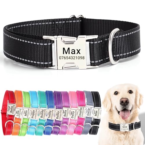 SEOUGEE Hundehalsband mit gravierter Metallschnalle, reflektierendes Nylon-Halsband für kleine, mittelgroße und große Hunde mit individuellem Namensschild, Telefonnummer, verstellbar (Schwarz, L: von SEOUGEE