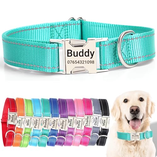 SEOUGEE Hundehalsband mit gravierter Metallschnalle, reflektierendes Nylon-Halsband für kleine, mittelgroße und große Hunde mit individuellem Namensschild, Telefonnummer (Dunkelgrün, S: Halsumfang SEOUGEE Hundehalsband mit gravierter Metallschnalle, reflektierendes Nylon-Halsband für kleine, mittelgroße und große Hunde mit individuellem Namensschild, Telefonnummer (Dunkelgrün, S: Halsumfang von SEOUGEE