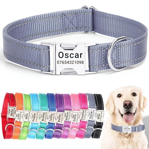 SEOUGEE Hundehalsband mit gravierter Metallschnalle, reflektierendes Nylon-Halsband für kleine, mittelgroße und große Hunde mit individuellem Namensschild, Telefonnummer (Grau, M: Halsumfang 35–50 cm, von SEOUGEE