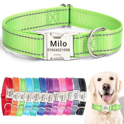 SEOUGEE Hundehalsband mit gravierter Metallschnalle, reflektierendes Nylon-Halsband für kleine, mittelgroße und große Hunde mit individuellem Namensschild, Telefonnummer (Grün, XL: Halsumfang 45–70 von SEOUGEE