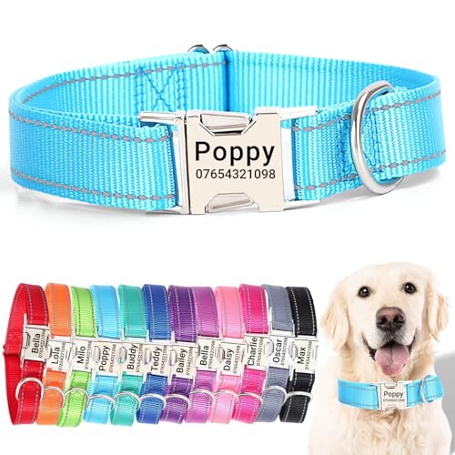 SEOUGEE Hundehalsband mit gravierter Metallschnalle, reflektierendes Nylon-Halsband für kleine, mittelgroße und große Hunde mit individuellem Namensschild, Telefonnummer (Himmelblau, S: Halsumfang von SEOUGEE