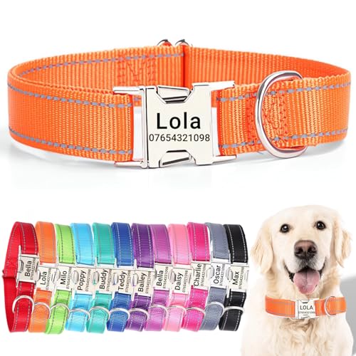 SEOUGEE Hundehalsband mit gravierter Metallschnalle, reflektierendes Nylon-Halsband für kleine, mittelgroße und große Hunde mit individuellem Namensschild, Telefonnummer (Orange, M: Halsumfang 35–50 von SEOUGEE