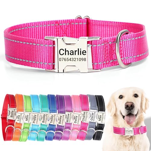 SEOUGEE Hundehalsband mit gravierter Metallschnalle, reflektierendes Nylon-Halsband für kleine, mittelgroße und große Hunde mit individuellem Namensschild, Telefonnummer (Rosarot, XL: Halsumfang 45–70 von SEOUGEE