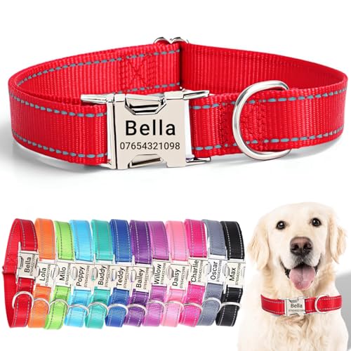 SEOUGEE Hundehalsband mit gravierter Metallschnalle, reflektierendes Nylon-Halsband für kleine, mittelgroße und große Hunde mit individuellem Namensschild, Telefonnummer (Rot, M: Halsumfang 35–50 cm, von SEOUGEE