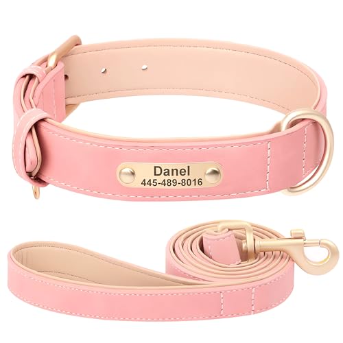 SEOUGEE Hundehalsband und Leine, Leder, personalisierbar, weich gepolstert, strapazierfähig, mit individuellem Namensschild, verstellbar für kleine, mittelgroße und große Hunde (L, Babyrosa, 35–45 cm) SEOUGEE Hundehalsband und Leine, Leder, personalisierbar, weich gepolstert, strapazierfähig, mit individuellem Namensschild, verstellbar für kleine, mittelgroße und große Hunde (L, Babyrosa, 35–45 cm) von SEOUGEE