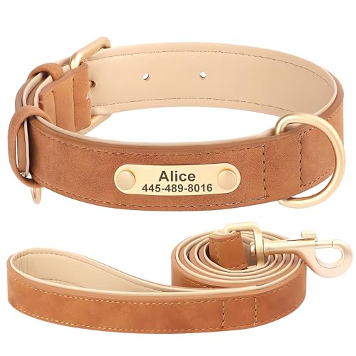 SEOUGEE Hundehalsband und Leine, Leder, personalisierbar, weich gepolstert, strapazierfähig, mit individuellem Namensschild, verstellbar für kleine, mittelgroße und große Hunde (L, Kamelbraun, Set SEOUGEE Hundehalsband und Leine, Leder, personalisierbar, weich gepolstert, strapazierfähig, mit individuellem Namensschild, verstellbar für kleine, mittelgroße und große Hunde (L, Kamelbraun, Set von SEOUGEE