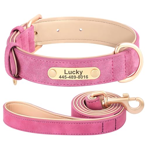 SEOUGEE Hundehalsband und Leine, Leder, personalisierbar, weich gepolstert, strapazierfähig, mit individuellem Namensschild, verstellbar für kleine, mittelgroße und große Hunde (XL, Rose, 42–55 cm) SEOUGEE Hundehalsband und Leine, Leder, personalisierbar, weich gepolstert, strapazierfähig, mit individuellem Namensschild, verstellbar für kleine, mittelgroße und große Hunde (XL, Rose, 42–55 cm) von SEOUGEE
