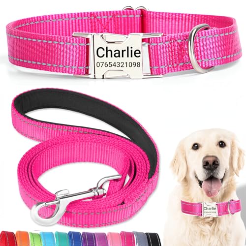 SEOUGEE Hundehalsband und Leine, Set mit gravierter Metallschnalle, reflektierenden Nylon-Hundehalsbändern und Leine für große Hunde mit individuellem Namensschild, Telefonnummer (Rosenrot, Größe XL: SEOUGEE Hundehalsband und Leine, Set mit gravierter Metallschnalle, reflektierenden Nylon-Hundehalsbändern und Leine für große Hunde mit individuellem Namensschild, Telefonnummer (Rosenrot, Größe XL: von SEOUGEE