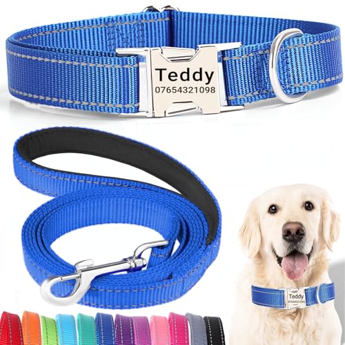 SEOUGEE Hundehalsband und Leine, Set mit gravierter Metallschnalle, reflektierenden Nylon-Hundehalsbändern und Leine für große Hunde mit individuellem Namensschild, Telefonnummer (dunkelblaues Set, SEOUGEE Hundehalsband und Leine, Set mit gravierter Metallschnalle, reflektierenden Nylon-Hundehalsbändern und Leine für große Hunde mit individuellem Namensschild, Telefonnummer (dunkelblaues Set, von SEOUGEE