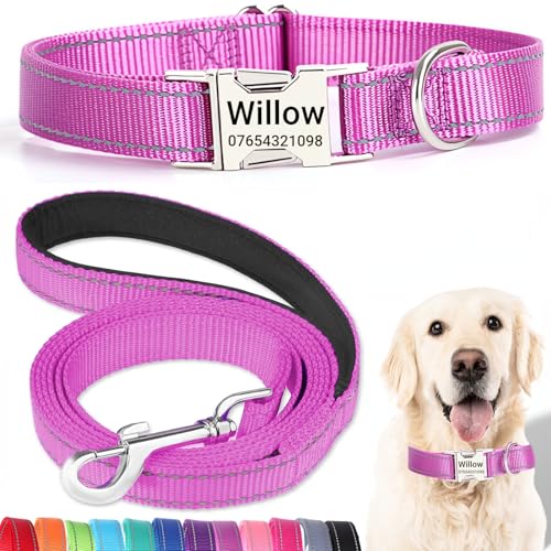 SEOUGEE Hundehalsband und Leine, Set mit gravierter Metallschnalle, reflektierenden Nylon-Hundehalsbändern und Leine für kleine Hunde mit individuellem Namensschild, Telefonnummer (Lila-Set, S: SEOUGEE Hundehalsband und Leine, Set mit gravierter Metallschnalle, reflektierenden Nylon-Hundehalsbändern und Leine für kleine Hunde mit individuellem Namensschild, Telefonnummer (Lila-Set, S: von SEOUGEE
