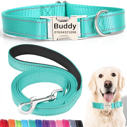 SEOUGEE Hundehalsband und Leine, Set mit gravierter Metallschnalle, reflektierenden Nylon-Hundehalsbändern und Leine für kleine Hunde mit individuellem Namensschild, Telefonnummer (dunkelgrünes Set, SEOUGEE Hundehalsband und Leine, Set mit gravierter Metallschnalle, reflektierenden Nylon-Hundehalsbändern und Leine für kleine Hunde mit individuellem Namensschild, Telefonnummer (dunkelgrünes Set, von SEOUGEE