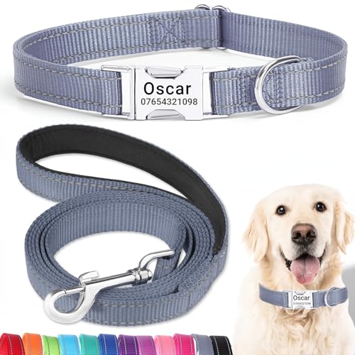 SEOUGEE Hundehalsband und Leine, Set mit gravierter Metallschnalle, reflektierenden Nylon-Hundehalsbändern und Leine für kleine Hunde mit individuellem Namensschild, Telefonnummer (graues Set, XS: SEOUGEE Hundehalsband und Leine, Set mit gravierter Metallschnalle, reflektierenden Nylon-Hundehalsbändern und Leine für kleine Hunde mit individuellem Namensschild, Telefonnummer (graues Set, XS: von SEOUGEE
