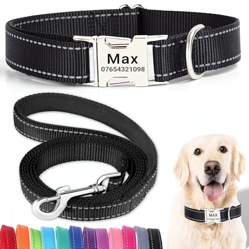 SEOUGEE Hundehalsband und Leine, Set mit gravierter Metallschnalle, reflektierenden Nylon-Hundehalsbändern und Leine für kleine Hunde mit individuellem Namensschild, Telefonnummer (schwarzes Set, XS: SEOUGEE Hundehalsband und Leine, Set mit gravierter Metallschnalle, reflektierenden Nylon-Hundehalsbändern und Leine für kleine Hunde mit individuellem Namensschild, Telefonnummer (schwarzes Set, XS: von SEOUGEE