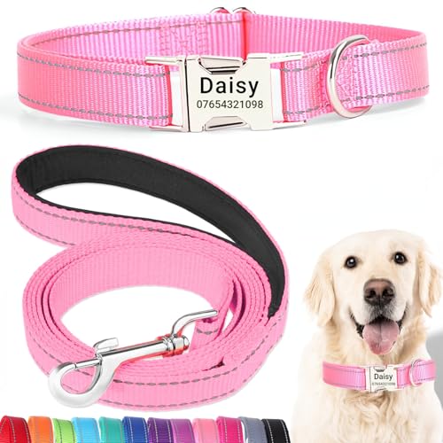 SEOUGEE Hundehalsband und Leine, Set mit gravierter Metallschnalle, reflektierenden Nylon-Hundehalsbändern und Leine für mittelgroße Hunde mit individuellem Namensschild, Telefonnummer (rosa Set, M: SEOUGEE Hundehalsband und Leine, Set mit gravierter Metallschnalle, reflektierenden Nylon-Hundehalsbändern und Leine für mittelgroße Hunde mit individuellem Namensschild, Telefonnummer (rosa Set, M: von SEOUGEE