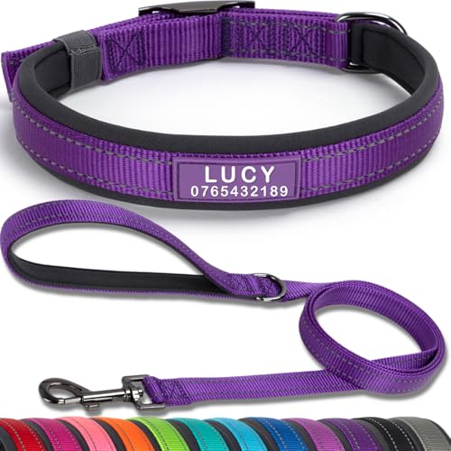 SEOUGEE Hundehalsband und Leine, personalisierbar, strapazierfähige Metallschnalle, ultrabreites, weiches Neopren, gepolstert, verstellbares, reflektierendes Hundehalsband für mittelgroße und große von SEOUGEE