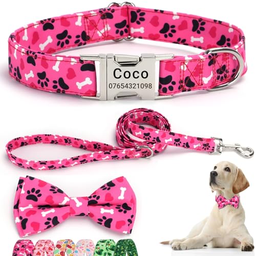 SEOUGEE Hundehalsband zum Valentinstag, personalisierbar mit Fliege und Leine, verstellbare Hundehalsbänder und Leine aus Baumwolle, mit gravierter Metallschnalle für große Hunde (rosa Pfoten-Set, L: SEOUGEE Hundehalsband zum Valentinstag, personalisierbar mit Fliege und Leine, verstellbare Hundehalsbänder und Leine aus Baumwolle, mit gravierter Metallschnalle für große Hunde (rosa Pfoten-Set, L: von SEOUGEE