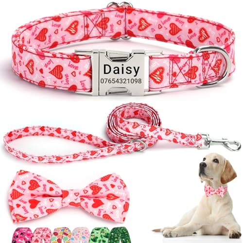 SEOUGEE Hundehalsband zum Valentinstag, personalisierbar mit Fliege und Leine, verstellbare Hundehalsbänder und Leine aus Baumwolle, mit gravierter Metallschnalle für mittelgroße Hunde SEOUGEE Hundehalsband zum Valentinstag, personalisierbar mit Fliege und Leine, verstellbare Hundehalsbänder und Leine aus Baumwolle, mit gravierter Metallschnalle für mittelgroße Hunde von SEOUGEE