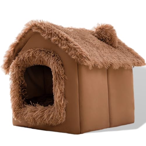 SEOUGEE Hundehaus, Tragbares Katzenhüttenbett Indoor mit abnehmbarem Kissen, 3 in 1 Waschbare Haustiere Beg Cave, Abnehmbar und Faltbar Rutschfest Warm für Indoor Haustiere Welpen Kätzchen Kaninchen (Braunes Schneehaus, S) von SEOUGEE