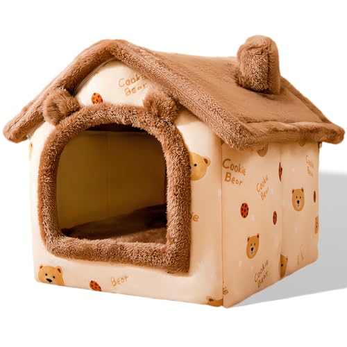 SEOUGEE Hundehaus, Tragbares Katzenhüttenbett Indoor mit abnehmbarem Kissen, 3 in 1 Waschbare Haustiere Beg Cave, Abnehmbar und Faltbar Rutschfest Warm für Indoor Haustiere Welpen Kätzchen Kaninchen (Braunbär, M) von SEOUGEE