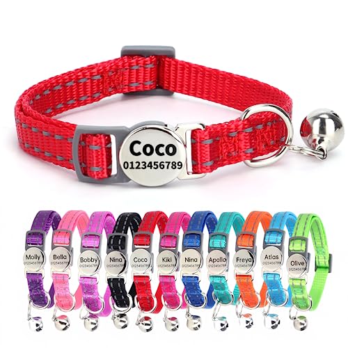 SEOUGEE Katzenhalsband Schnellverschluss mit personalisiertem Namensschild, reflektierende Kätzchenhalsbänder mit Glöckchen & Sicherheitsentriegelung, 19-30 cm verstellbar, Rot von SEOUGEE