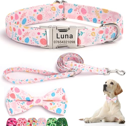 SEOUGEE Oster-Hundehalsband, personalisierbar, mit Fliege und Leine, verstellbare Baumwoll-Hundehalsbänder und Leine mit gravierter Metallschnalle für kleine Hunde, Hasenblüten-Set, S: Halsumfang SEOUGEE Oster-Hundehalsband, personalisierbar, mit Fliege und Leine, verstellbare Baumwoll-Hundehalsbänder und Leine mit gravierter Metallschnalle für kleine Hunde, Hasenblüten-Set, S: Halsumfang von SEOUGEE