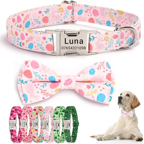 SEOUGEE Oster-Hundehalsband, personalisierbar mit Fliege, verstellbar, weiche Baumwolle, mit individuell gravierter Metallschnalle, Name, Telefonnummer für große Hunde, Hasenblüte, XL: Halsumfang SEOUGEE Oster-Hundehalsband, personalisierbar mit Fliege, verstellbar, weiche Baumwolle, mit individuell gravierter Metallschnalle, Name, Telefonnummer für große Hunde, Hasenblüte, XL: Halsumfang von SEOUGEE