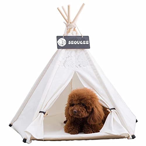 SEOUGEE Pets Tipi Zelt für Hunde und Katzen Waschbar und Abnehmbar Baumwolle Canvas Hundebett und Katzenhaus mit Kissen Indoor und Outdoor Pet Kennel and Play House Portable and Stylish Tipi Design von SEOUGEE