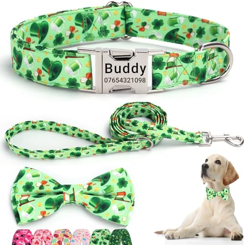 SEOUGEE St. Patrick's Day Hundehalsband, personalisierbar mit Fliege und Leine, verstellbare Hundehalsbänder und Leine aus Baumwolle, mit gravierter Metallschnalle für kleine Hunde (Glücksklee-Set, SEOUGEE St. Patrick's Day Hundehalsband, personalisierbar mit Fliege und Leine, verstellbare Hundehalsbänder und Leine aus Baumwolle, mit gravierter Metallschnalle für kleine Hunde (Glücksklee-Set, von SEOUGEE