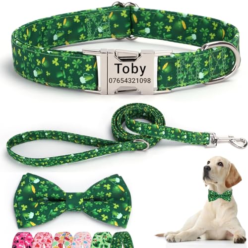 SEOUGEE St. Patrick's Day Hundehalsband, personalisierbar mit Fliege und Leine, verstellbare Hundehalsbänder und Leine aus Baumwolle, mit gravierter Metallschnalle für kleine Hunde (Kleeblattgrün, SEOUGEE St. Patrick's Day Hundehalsband, personalisierbar mit Fliege und Leine, verstellbare Hundehalsbänder und Leine aus Baumwolle, mit gravierter Metallschnalle für kleine Hunde (Kleeblattgrün, von SEOUGEE