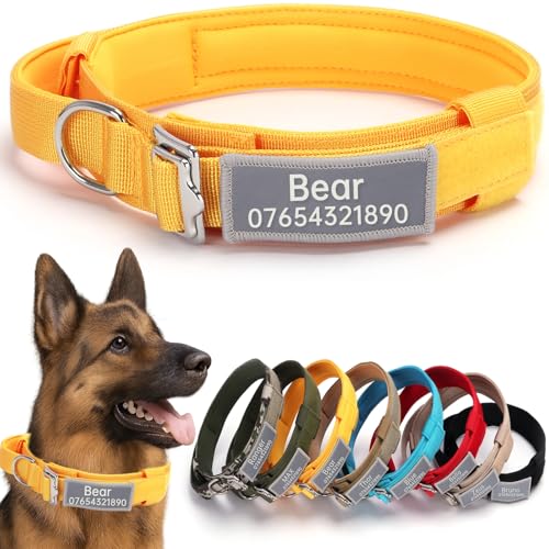 SEOUGEE Taktisches Hundehalsband, personalisierbar mit Griff, weich gepolsterte Hundehalsbänder mit benutzerdefiniertem reflektierendem Namensaufnäher, verstellbare Halsbänder mit tragbarer Schnalle von SEOUGEE