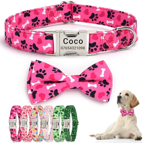 SEOUGEE Valentinstags-Hundehalsband, personalisierbar mit Fliege, verstellbar, weiche Baumwolle, mit individuell gravierter Metallschnalle, Name, Telefonnummer für kleine Hunde (rosa Pfoten, XS: SEOUGEE Valentinstags-Hundehalsband, personalisierbar mit Fliege, verstellbar, weiche Baumwolle, mit individuell gravierter Metallschnalle, Name, Telefonnummer für kleine Hunde (rosa Pfoten, XS: von SEOUGEE