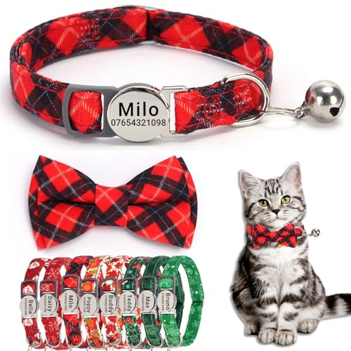 SEOUGEE Weihnachtliches Katzenhalsband, personalisierbar mit Fliege und Glocke, Schnellverschluss, verstellbares Sicherheits-Katzenhalsband, individuell graviertes Namensschild für Katzen, Kätzchen, von SEOUGEE