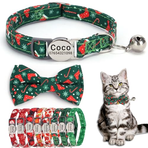 SEOUGEE Weihnachtliches Katzenhalsband, personalisierbar mit Fliege und Glocke, Schnellverschluss, verstellbares Sicherheits-Katzenhalsband, individuell graviertes Namensschild für Katzen, Kätzchen, von SEOUGEE