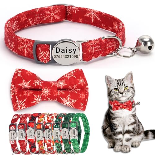 SEOUGEE Weihnachtliches Katzenhalsband, personalisierbar mit Fliege und Glocke, Schnellverschluss, verstellbares Sicherheits-Katzenhalsband, individuell graviertes Namensschild für Katzen, Kätzchen, SEOUGEE Weihnachtliches Katzenhalsband, personalisierbar mit Fliege und Glocke, Schnellverschluss, verstellbares Sicherheits-Katzenhalsband, individuell graviertes Namensschild für Katzen, Kätzchen, von SEOUGEE