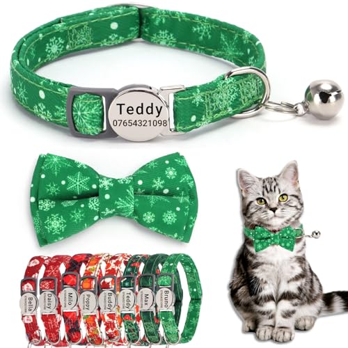 SEOUGEE Weihnachtliches Katzenhalsband, personalisierbar mit Fliege und Glocke, Schnellverschluss, verstellbares Sicherheits-Katzenhalsband, individuell graviertes Namensschild für Katzen, Kätzchen, von SEOUGEE