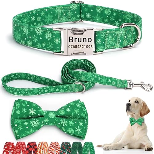 SEOUGEE Weihnachts-Hundehalsband, personalisierbar, mit Fliege und Leine, verstellbare Hundehalsbänder und Leine aus Baumwolle, mit gravierter Metallschnalle für mittelgroße Hunde (grünes SEOUGEE Weihnachts-Hundehalsband, personalisierbar, mit Fliege und Leine, verstellbare Hundehalsbänder und Leine aus Baumwolle, mit gravierter Metallschnalle für mittelgroße Hunde (grünes von SEOUGEE