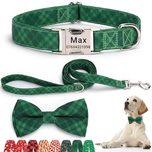 SEOUGEE Weihnachts-Hundehalsband, personalisierbar, mit Fliege und Leine, verstellbare Hundehalsbänder und Leine aus Baumwolle, mit gravierter Metallschnalle für mittelgroße Hunde (grünes SEOUGEE Weihnachts-Hundehalsband, personalisierbar, mit Fliege und Leine, verstellbare Hundehalsbänder und Leine aus Baumwolle, mit gravierter Metallschnalle für mittelgroße Hunde (grünes von SEOUGEE