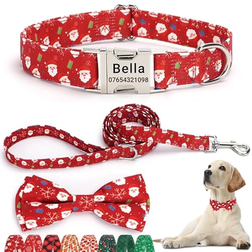 SEOUGEE Weihnachts-Hundehalsband, personalisierbar, mit Fliege und Leine, verstellbare Hundehalsbänder und Leine aus Baumwolle, mit gravierter Metallschnalle für mittelgroße Hunde (rotes SEOUGEE Weihnachts-Hundehalsband, personalisierbar, mit Fliege und Leine, verstellbare Hundehalsbänder und Leine aus Baumwolle, mit gravierter Metallschnalle für mittelgroße Hunde (rotes von SEOUGEE