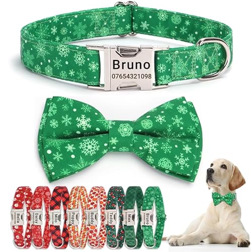 SEOUGEE Weihnachts-Hundehalsband, personalisierbar mit Fliege, verstellbar, weiche Baumwolle, mit individuell gravierter Metallschnalle, Name, Telefonnummer für kleine Hunde (grüne Schneeflocke, S: SEOUGEE Weihnachts-Hundehalsband, personalisierbar mit Fliege, verstellbar, weiche Baumwolle, mit individuell gravierter Metallschnalle, Name, Telefonnummer für kleine Hunde (grüne Schneeflocke, S: von SEOUGEE