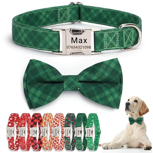 SEOUGEE Weihnachts-Hundehalsband, personalisierbar mit Fliege, verstellbar, weiche Baumwolle, mit individuell gravierter Metallschnalle, Name, Telefonnummer für kleine Hunde (grünes Karo, S: SEOUGEE Weihnachts-Hundehalsband, personalisierbar mit Fliege, verstellbar, weiche Baumwolle, mit individuell gravierter Metallschnalle, Name, Telefonnummer für kleine Hunde (grünes Karo, S: von SEOUGEE