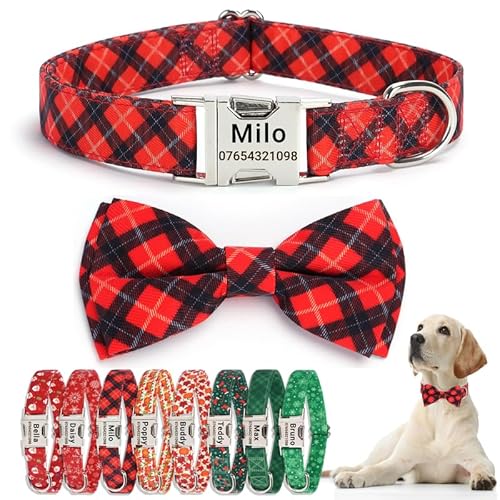 SEOUGEE Weihnachts-Hundehalsband, personalisierbar mit Fliege, verstellbar, weiche Baumwolle, mit individuell gravierter Metallschnalle, Name, Telefonnummer für kleine Hunde (rotes Karo, S: Halsumfang SEOUGEE Weihnachts-Hundehalsband, personalisierbar mit Fliege, verstellbar, weiche Baumwolle, mit individuell gravierter Metallschnalle, Name, Telefonnummer für kleine Hunde (rotes Karo, S: Halsumfang von SEOUGEE