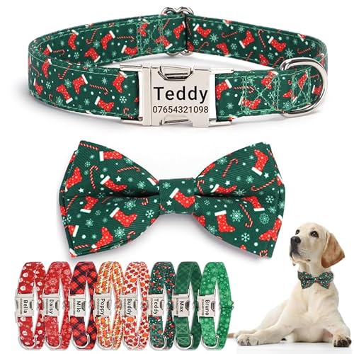 SEOUGEE Weihnachts-Hundehalsband, personalisierbar mit Fliege, verstellbar, weiche Baumwolle, mit individuell gravierter Metallschnalle, Name, Telefonnummer für mittelgroße Hunde (grüner Strümpfe, M: SEOUGEE Weihnachts-Hundehalsband, personalisierbar mit Fliege, verstellbar, weiche Baumwolle, mit individuell gravierter Metallschnalle, Name, Telefonnummer für mittelgroße Hunde (grüner Strümpfe, M: von SEOUGEE