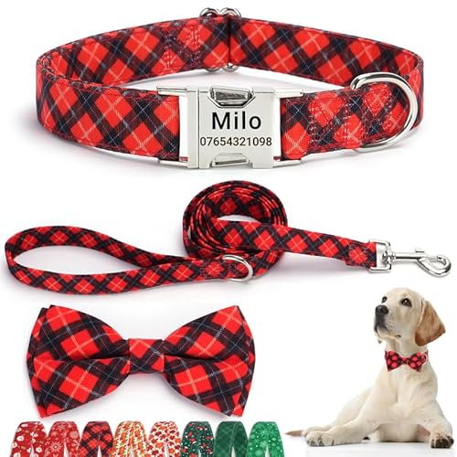 SEOUGEE Weihnachts-Hundehalsband, personalisierbar mit Fliege und Leine, verstellbare Hundehalsbänder und Leine aus Baumwolle, mit gravierter Metallschnalle für große Hunde (rotes Karomuster-Set, XL: SEOUGEE Weihnachts-Hundehalsband, personalisierbar mit Fliege und Leine, verstellbare Hundehalsbänder und Leine aus Baumwolle, mit gravierter Metallschnalle für große Hunde (rotes Karomuster-Set, XL: von SEOUGEE